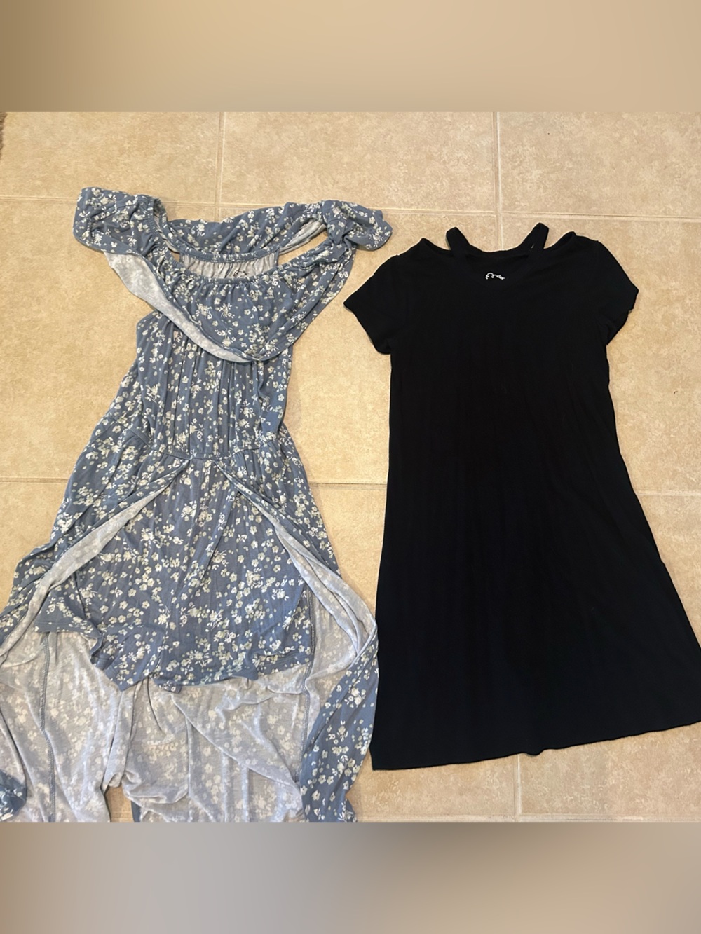 Blue Floral Maxi Dress & Black Cutout Midi Dress size 10/12 - Girls